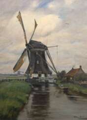 Bahner, Hermann (1867 Kaiserswerth-1938 Langen) "Niederländische Landschaft mit Windmühlen", Öl/ Lw., sign. u.r., Lw. rep. und kleine Retuschen, 74,5x53 cm, Rahmen (Deutscher Maler der Düsseldorfer Schule)