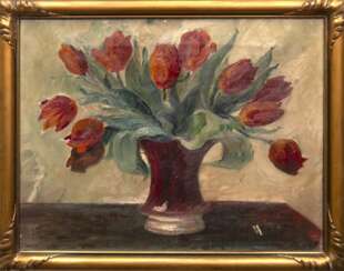 Jessen, F. "Tulpen in Vase", Öl/ Lw., sign. u.l. und dat. u.r. "4.4.30", mehre kl. Farbabplatzungen, 40,5x50 cm, Rahmen
