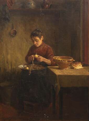 "Frau beim Kartoffelschälen im Kücheninterieur", Öl/ Holzplatte, undeutl. sign. u.l., craqueliert und kl. Farbflecke und Kratzspuren, 64x48 cm, Rahmen - фото 1 "Frau beim Kartoffelschälen im Kücheninterieur", Öl/ Holzplatte, undeutl. sign. u.l., craqueliert und kl. Farbflecke und Kratzspuren, 64x48 cm, Rahmen - фото 1