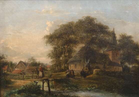 Maler um 1900 "Nach dem Kirchgang", Öl/ Lw., unsign., craqueliert und kl. Farbabplatzungen, 26x36 cm, Rahmen - Foto 1