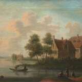 Maler um 1900 "Holländische Flußlandschaft mit Fischerbooten", Öl/ Lw., doubliert, 24x30 cm, Rahmen - фото 1