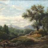 Maler um 1900 "Idyllische Berglandschaft mit Wanderer bei der Rast", Öl/ Lw., unsign., min. Farbverluste und Craquele, 28x43 cm, Rahmen - фото 1