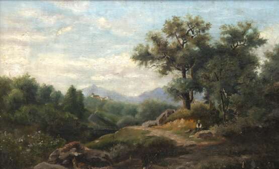 Maler um 1900 "Idyllische Berglandschaft mit Wanderer bei der Rast", Öl/ Lw., unsign., min. Farbverluste und Craquele, 28x43 cm, Rahmen - фото 1