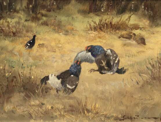 "Balzende Birkhähne", Öl/ Lw., undeutl. sign. u.r., 24,5x30 cm, Rahmen - photo 1