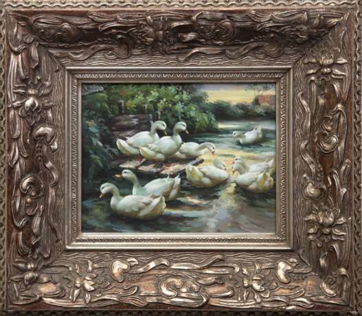 "Ententeich", Öl/ Holz, unsign., 20x25 cm, Rahmen - Foto 1