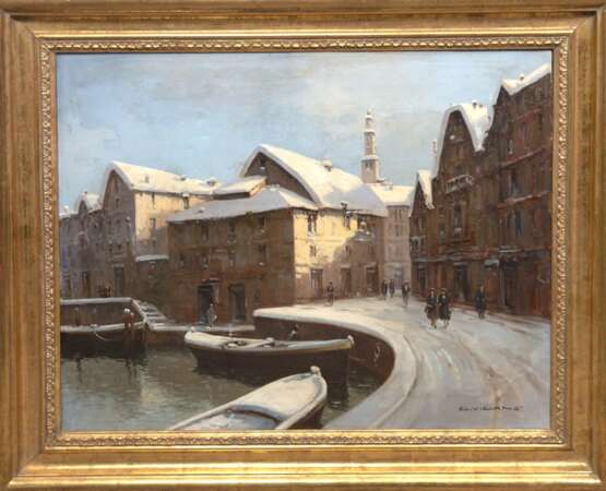 Vigano, G. "Verschneite Stadtansicht mit Kirchturm und Personen", Öl/ Lw., sign. u.r., Lw. mit kl. Rissen, 50x59 cm, Rahmen - фото 1