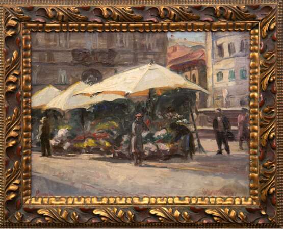 Polnischer Impressionist Anfang 20. Jh. "Blumenstand am Alten Markt in Posen", Öl/ Lw./ Karton, undeutl. sign. u.r., 34,5x44 cm, Rahmen - фото 1