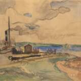 Engel, Otto Heinrich (1866 Erbach im Odenwald-1949 Glücksburg) "Küstenabschnitt Holnis mit Dampfschiff", Aquarell, rückseitig Nachlaßstempel, 31x41 cm, im Passepartout hinter Glas und Rahmen - photo 1