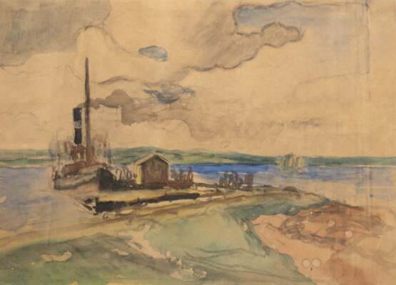 Engel, Otto Heinrich (1866 Erbach im Odenwald-1949 Glücksburg) "Küstenabschnitt Holnis mit Dampfschiff", Aquarell, rückseitig Nachlaßstempel, 31x41 cm, im Passepartout hinter Glas und Rahmen - photo 1