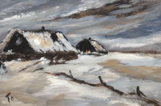 "Zwei Reetdachhäuser in verschneiter Landschaft", Öl/ Platte, sign. "To", 42x59,5 cm, Rahmen - фото 1