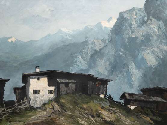 Grossmüller, Rudolf (tätig um 1930) "Bergbauernhof in den Tiroler Alpen", Öl/ Lw., 1 kl. Hinterlegung, sign. u.l., rückseitig auf Lw. bez., 61x80 cm, Rahmen - photo 1