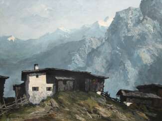 Grossmüller, Rudolf (tätig um 1930) &quot;Bergbauernhof in den Tiroler Alpen&quot;, Öl/ Lw., 1 kl. Hinterlegung, sign. u.l., rückseitig auf Lw. bez., 61x80 cm, Rahmen