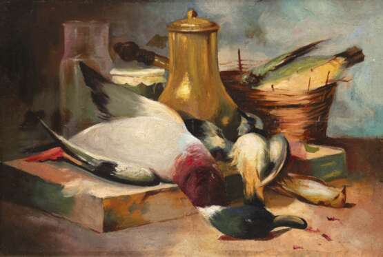 "Stilleben mit Enten und Tauben", Öl/ Karton, unsign., 34x50 cm, Rahmen - photo 1