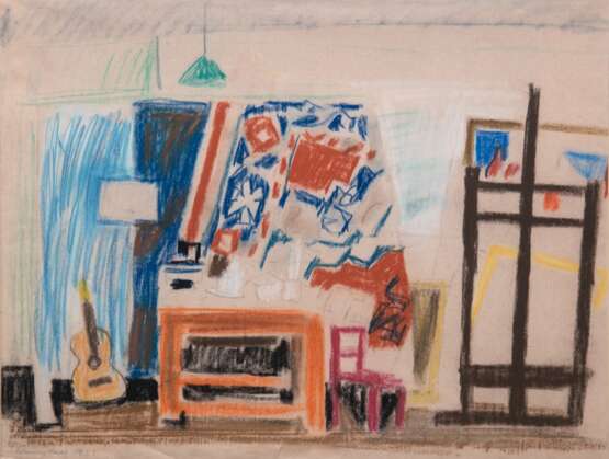 Laves, Werner (1903 Berlin-1972 ebenda) "Atelierstilleben", Ölkreide auf Bütten, sign. und dat. 1951, verso. Nachlaßstempel, unten mittig kl. Riß und 1 Ecke fehlt, 46x58 cm, ungerahmt - photo 1