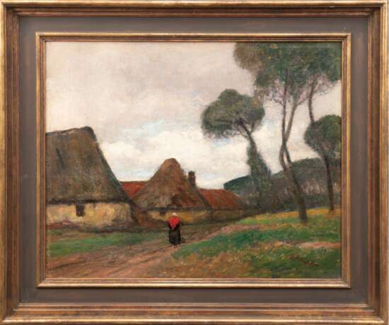 Kampf, Eugen (1861 Aachen-1933 Düsseldorf) "Bäuerin auf Hofstelle", Öl/ Holzplatte, sign. u.r., 50,5x60 cm, Rahmen - фото 1