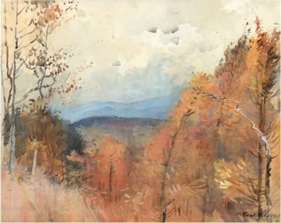 Landschaftsmaler "Blick auf Berge mit Bäumen im Vordergrund", Aquarell, undeutl. sign. u.r., 50,5x60 cm, hinter Glas im Passepartout (stockfleckig), Rahmen - фото 1 Landschaftsmaler "Blick auf Berge mit Bäumen im Vordergrund", Aquarell, undeutl. sign. u.r., 50,5x60 cm, hinter Glas im Passepartout (stockfleckig), Rahmen - фото 1