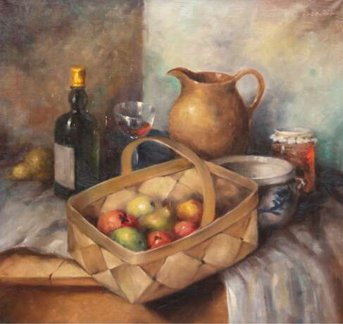 Fischer, Carl Holger (1898-1955) "Stilleben mit Obstkorb, Krug und Weinflasche", Öl/ Lw., sign. o.r., min. Farbverluste, 68x68 cm, Rahmen - фото 1