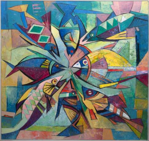 Malchow, Herbert (1942-2015) "Fische", Öl/ Lw., monogr. und dat. ´12, direkt beim Künstler erworben, 100x100 cm, Rahmen ( H. Malchow war Landschaftsmaler und Grafiker, Studium an der FHS Heiligendamm und auf Bu… - фото 1