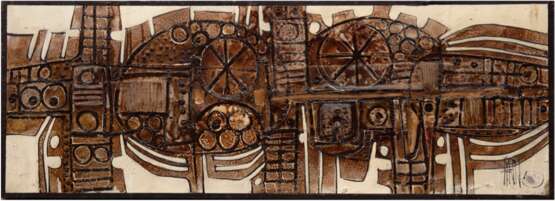 "Moderne Abstraktion", Mischtechnik, Öl/Lw./Sp., undeutl. sign. u.r., mit Fingerabdruck, 33x98 cm, Rahmen - photo 1 "Moderne Abstraktion", Mischtechnik, Öl/Lw./Sp., undeutl. sign. u.r., mit Fingerabdruck, 33x98 cm, Rahmen - photo 1