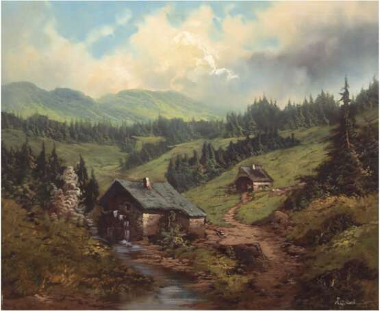 Schmidt, N.G. (2. H. 20. Jh.) "Hügelige Landschaft mit Mühle am Bach", Öl/Lw., sign. u.r., 70x80 cm - photo 1 Schmidt, N.G. (2. H. 20. Jh.) "Hügelige Landschaft mit Mühle am Bach", Öl/Lw., sign. u.r., 70x80 cm - photo 1