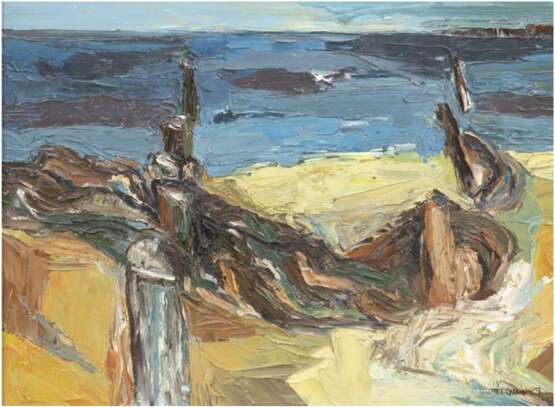 Gundermann, Michael (1945 Brottewitz-tätig in Greifswald) "Ostseebuhnen", Öl/Mp., sign. u. dat. '89 u.r., 40x50 cm, Rahmen - photo 1