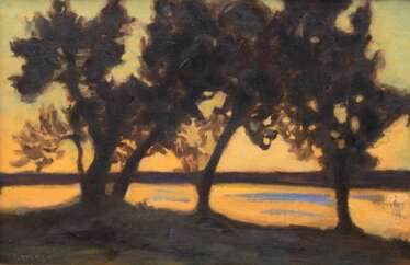 Georgi, Walter (1871 Leipzig-1924 Holzhausen am Ammersee) &quot;Landschaft im Sonnenuntergang&quot;, Öl/Lw., sign. u.r., 40,5x60 cm Rahmen (Mitglied der Künstlergruppe &quot;Die Scholle“ und als Grafiker für die Zeitschr…