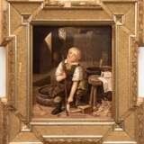 Kiesewetter, Wilhelm August (1811 Berlin-1865 Gotha) "Junge mit Pfeife in der Werkstatt", Öl/ Lw., sign. u.l., 26,5x23 cm, Prunkrahmen (Er war ein deutscher Maler und Ethnograph. Kiesewetter unternahm zwei groß… - Foto 1