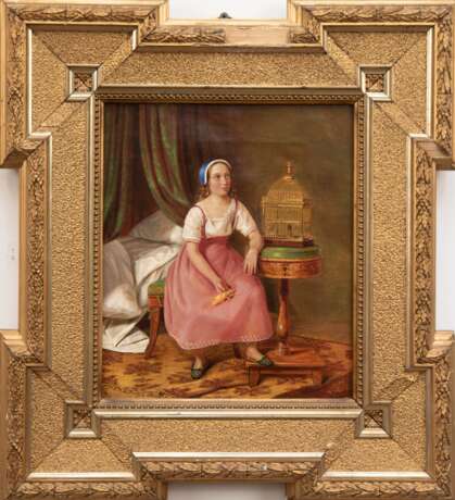 Kiesewetter, Wilhelm August (1811 Berlin-1865 Gotha) "Biedermeierinterieur mit Mädchen und Vogelbauer", Öl/ Lw., sign. u.r., 26,5x23 cm, Prunkrahmen (Er war ein deutscher Maler und Ethnograph. Kiesewetter unter… - Foto 1