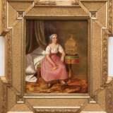 Kiesewetter, Wilhelm August (1811 Berlin-1865 Gotha) "Biedermeierinterieur mit Mädchen und Vogelbauer", Öl/ Lw., sign. u.r., 26,5x23 cm, Prunkrahmen (Er war ein deutscher Maler und Ethnograph. Kiesewetter unter… - Foto 1