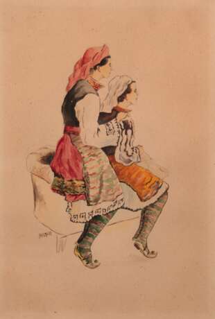 2 Aquarelle von H. Becker "Junge Frauen in Tracht", 29,5x19,5 cm und "Musiker", 19,5x28,5 cm, im Passepartout hinter Glas und Rahmen - Foto 2