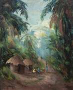 Акварели. &quot;Afrikanische Dorfszene in idyllischer Landschaft &quot;, Öl/ Lw., undeutl. sign. u.l., 100x70 cm, Rahmen