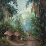 "Afrikanische Dorfszene in idyllischer Landschaft ", Öl/ Lw., undeutl. sign. u.l., 100x70 cm, Rahmen - Foto 1