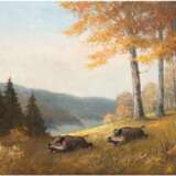 Wegener, Georg (1917 Magdeburg) "Wildschweine auf der Flucht", Öl/Lw., sign. u.r., 61x80 cm, ungerahmt - фото 1