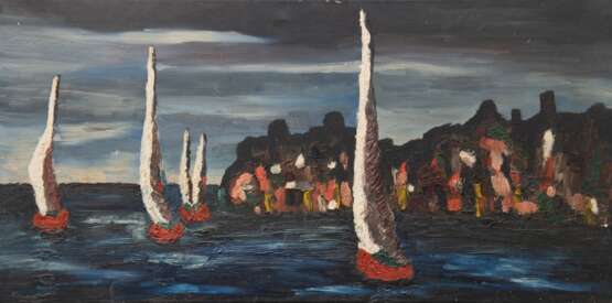 "Segelschiffe vor Küste im Abendlicht", Öl/ Lw., unsign., 40x80 cm, ungerahmt - photo 1