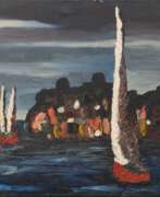 Акварели. &quot;Segelschiffe vor Küste im Abendlicht&quot;, Öl/ Lw., unsign., 40x80 cm, ungerahmt