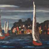"Segelschiffe vor Küste im Abendlicht", Öl/ Lw., unsign., 40x80 cm, ungerahmt - photo 1