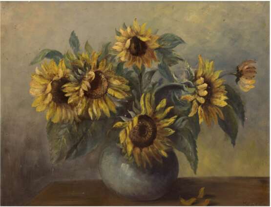 Beyer, Otto (1885 Kattowitz-1962 Berlin) "Sonnenblumen in blauer Vase", Öl/MP., sign. u.r., 60x75, Rahmen, (An der Kunsthochschule Breslau studierte er um 1900, anschließend an der Kunstakademie Königsberg bei … - Foto 1