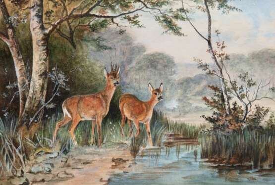 "Rehe am Bach", Gouache, unsign., 23x29 cm, im Passepartout (besch.) - фото 1