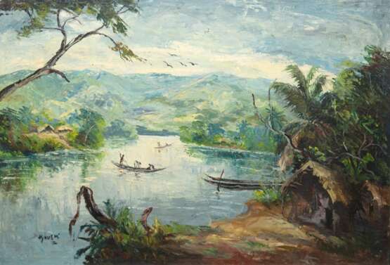 "Afrikanische Flußlandschaft mit Booten", Öl/Lw., undeutl. sign. u.l., 70x97,5 cm, Rahmen - photo 1