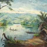 "Afrikanische Flußlandschaft mit Booten", Öl/Lw., undeutl. sign. u.l., 70x97,5 cm, Rahmen - photo 1