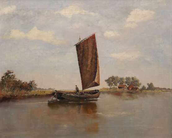 Zimmermann, Erich (1908 Ahlfeld/Leinen-2007 Worpswede) "Torfkahn auf der Hamme", Öl/ Lw., unsign., rückseitig bez., 70x80 cm, Rahmen - photo 1