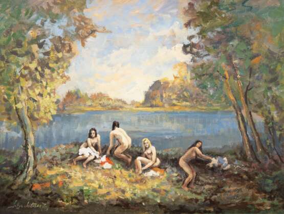 Schachner, Rudolf (1891 Bielefeld-1972 Weimar) "Badende", Öl/ Hartfaser, sign. u.l. und dat. ´70, 29x40 cm, Rahmen - фото 1 Schachner, Rudolf (1891 Bielefeld-1972 Weimar) "Badende", Öl/ Hartfaser, sign. u.l. und dat. ´70, 29x40 cm, Rahmen - фото 1