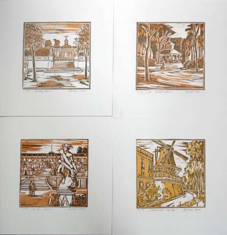 Rödel, 4x "Sanssouci", Farbholzschnitte, je mit Bleistift signiert, dat. 2006, numeriert u. betitelt, 17,5x17,5 cm - Foto 1 Rödel, 4x "Sanssouci", Farbholzschnitte, je mit Bleistift signiert, dat. 2006, numeriert u. betitelt, 17,5x17,5 cm - Foto 1