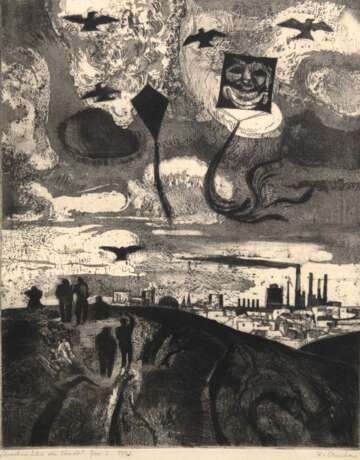 Austen, Rudolf (1931 Hainspach-2003 Rostock) "Drachen über der Stadt", Radierung, 3/15, sign. u.r., dat. 1978, 33x26 cm, hnter Glas und Rahmen (freischaffend ab 1958 als Maler und Grafiker in Rostock, Beteiligu… - photo 1 Austen, Rudolf (1931 Hainspach-2003 Rostock) "Drachen über der Stadt", Radierung, 3/15, sign. u.r., dat. 1978, 33x26 cm, hnter Glas und Rahmen (freischaffend ab 1958 als Maler und Grafiker in Rostock, Beteiligu… - photo 1