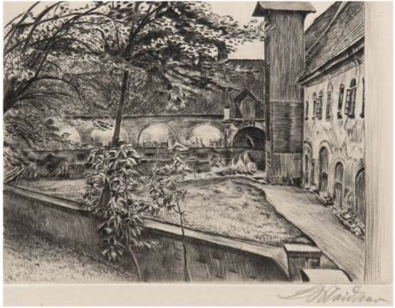 Meidner, Ludwig (1884 Bierutów, Polen-1966 Darmstadt) "Klosterhof Grüssau", Radierung, sign. u.r., 15x18,5 cm, ungerahmt - Foto 1 Meidner, Ludwig (1884 Bierutów, Polen-1966 Darmstadt) "Klosterhof Grüssau", Radierung, sign. u.r., 15x18,5 cm, ungerahmt - Foto 1