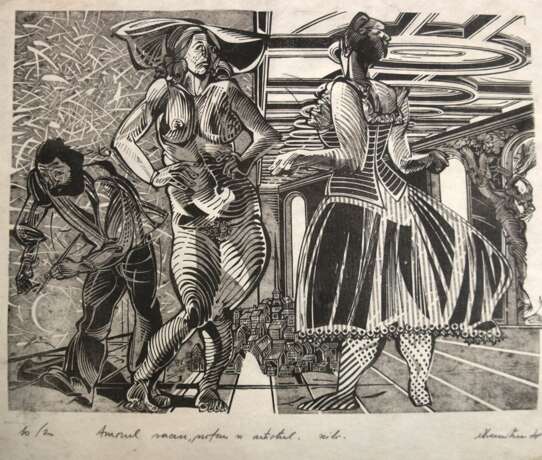 Dumitrescu, Mircia (1941 Bukarest, Rumänien) "Die heilige und profane Liebe und der Künstler", Holzschnitt, sign. u.r. ud dat. ´78, 40,5x53 cm, ungerahmt - Foto 1