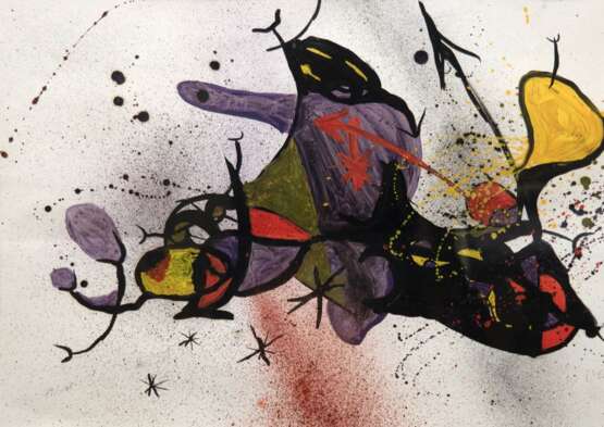 "Modern Abstrakt", Litho mit Acrylfarbe gehöht, in der Art von Miro, 93/ 175, 39x55 cm, im Passepartout hinter Glas und Rahmen - Foto 1 "Modern Abstrakt", Litho mit Acrylfarbe gehöht, in der Art von Miro, 93/ 175, 39x55 cm, im Passepartout hinter Glas und Rahmen - Foto 1