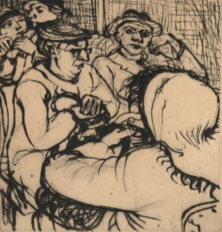 Uhlig, Max (1937 Dresden) "Im Bus", Radierung, unsign., Blatt gebräunt, 17x15 cm, hinter Glas und Rahmen - Foto 1 Uhlig, Max (1937 Dresden) "Im Bus", Radierung, unsign., Blatt gebräunt, 17x15 cm, hinter Glas und Rahmen - Foto 1