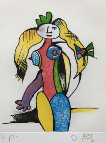 Alt, Otmar (geb. 1940 in Wernigerode) "Jungfrau", Farbradierung, sign. u.r., rückseitig bez. u.l. und "p.p.-Probedruck des Künstlers", 20x16 cm, hinter Glas und Rahmen - Foto 1