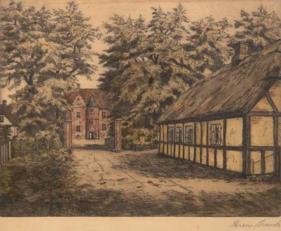 Frank, Sören (Dänischer Maler 20. Jh.) "Einfahrt zum Schloß", Farbradierung, sign. u.r., 24x29,5 cm, hinter Glas und Rahmen - Foto 1 Frank, Sören (Dänischer Maler 20. Jh.) "Einfahrt zum Schloß", Farbradierung, sign. u.r., 24x29,5 cm, hinter Glas und Rahmen - Foto 1